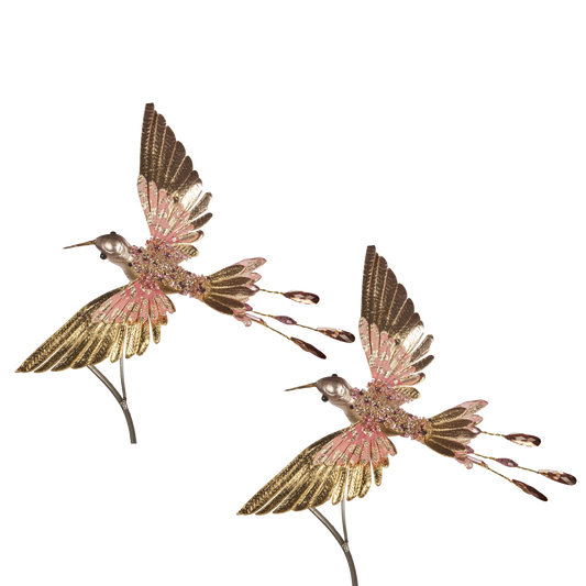 Viv! Christmas Kerstboomversiering - Vogel - Kolibrie op Clip - 2 stuks - roze goud - 20cm