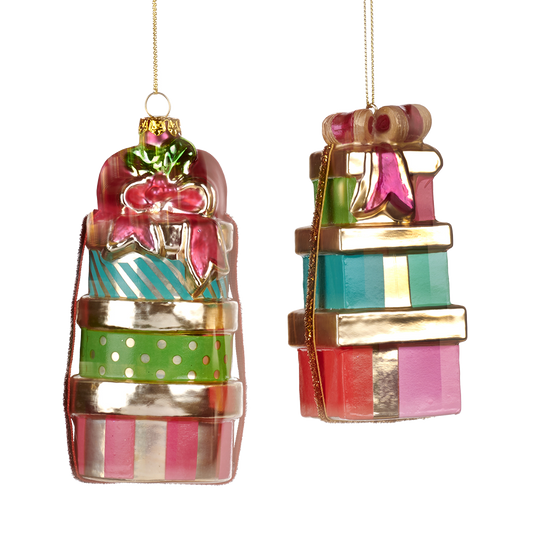 Viv! Christmas Kerstornament - Opgestapelde Kerstcadeaus - set van 2 - glas - diverse kleuren - 13,5cm