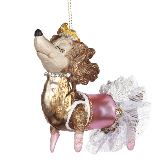 Viv! Christmas Kerstornament - Ballerina Prinses Teckel Hond - glas - bruin roze goud - 13cm