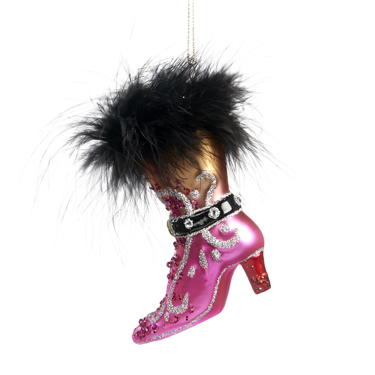 Viv! Christmas Ornament - Victorian Boot with Imitation Fur - glass - pink black gold - 11cm