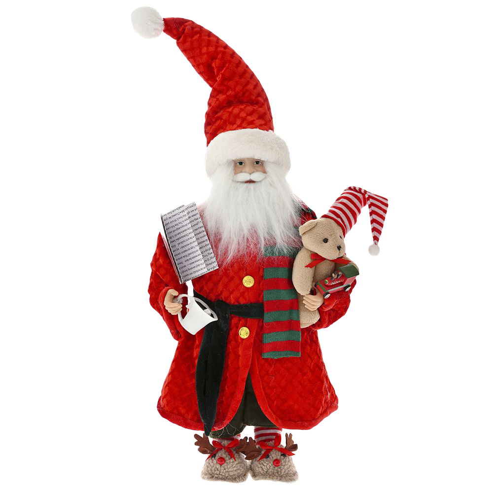 Viv! Christmas Kerstbeeld - Kerstman Pop in Pyjama met Rendier Sloffen - rood wit - 47cm