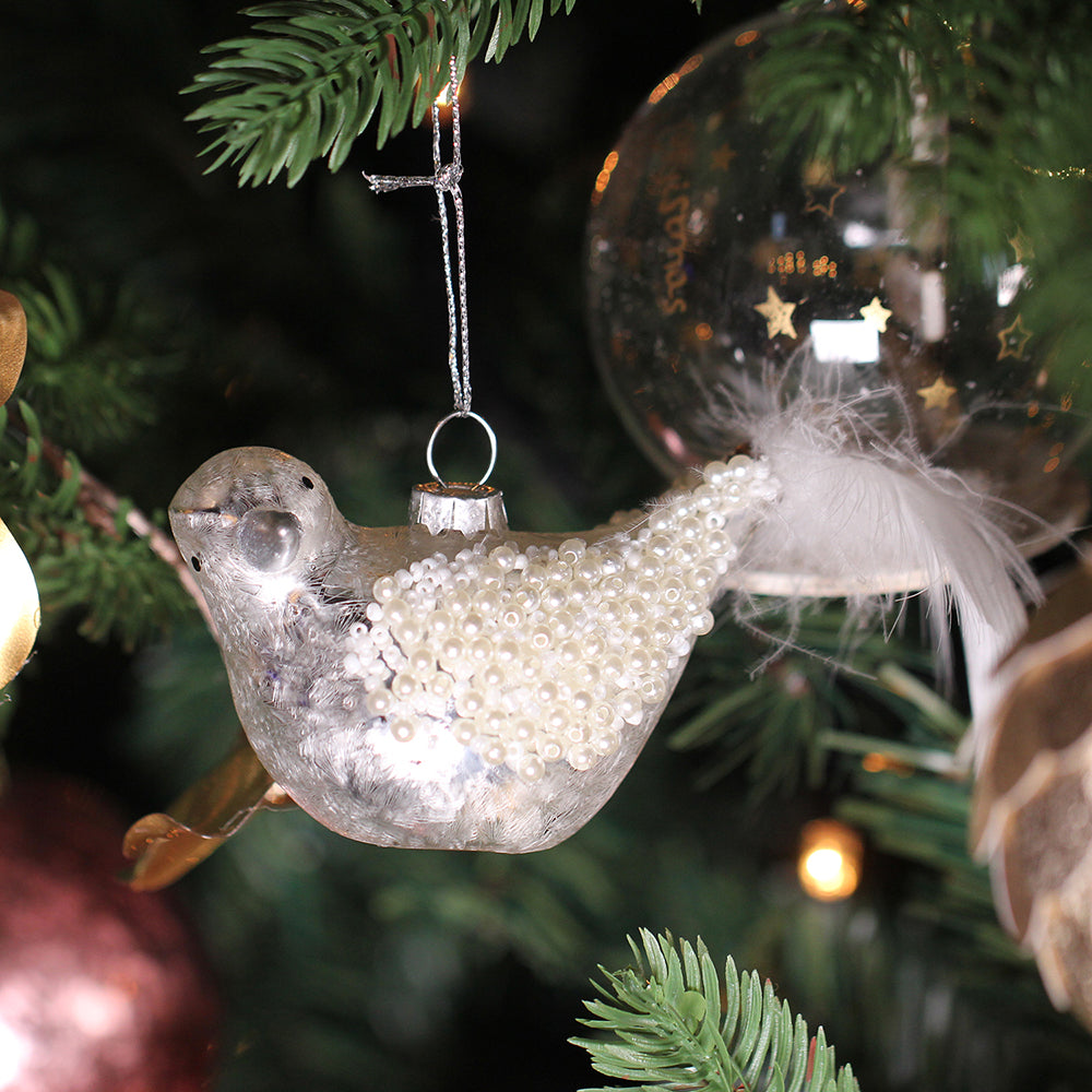 Viv! Christmas Kerstornament - Vogeltjes met Parels en Veer - set van 2 - glas - parelmoer - 10cm