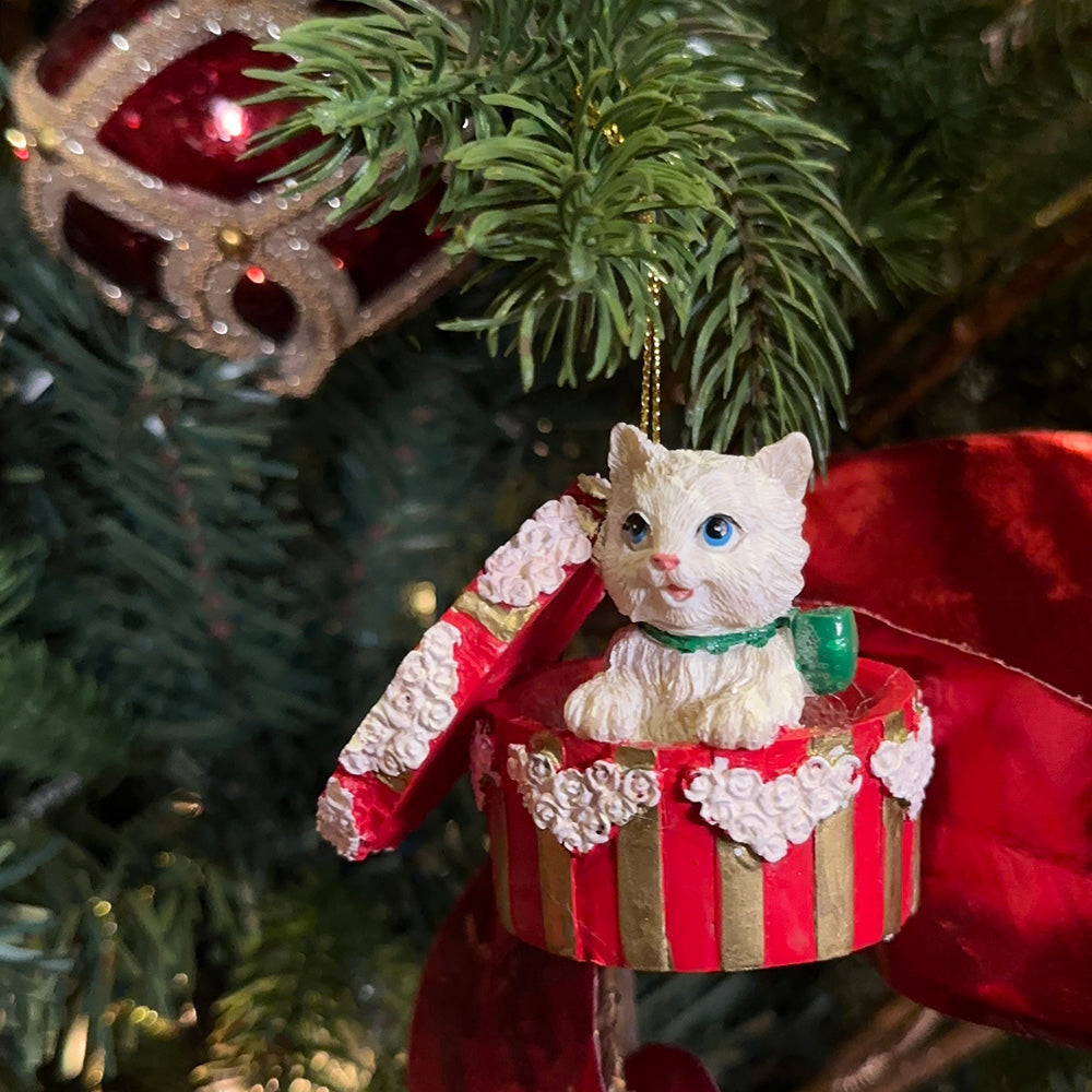Viv! Christmas Ornament - Cat in hat box - red white - 6cm