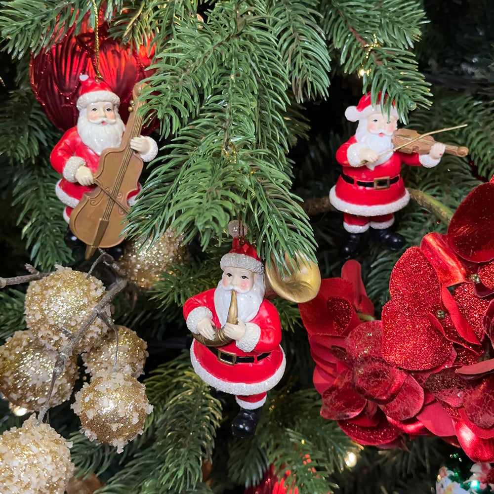 Viv! Christmas Kerstornament - Kerstman met Muziekinstrumenten - set van 3 - rood wit bruin - 9cm