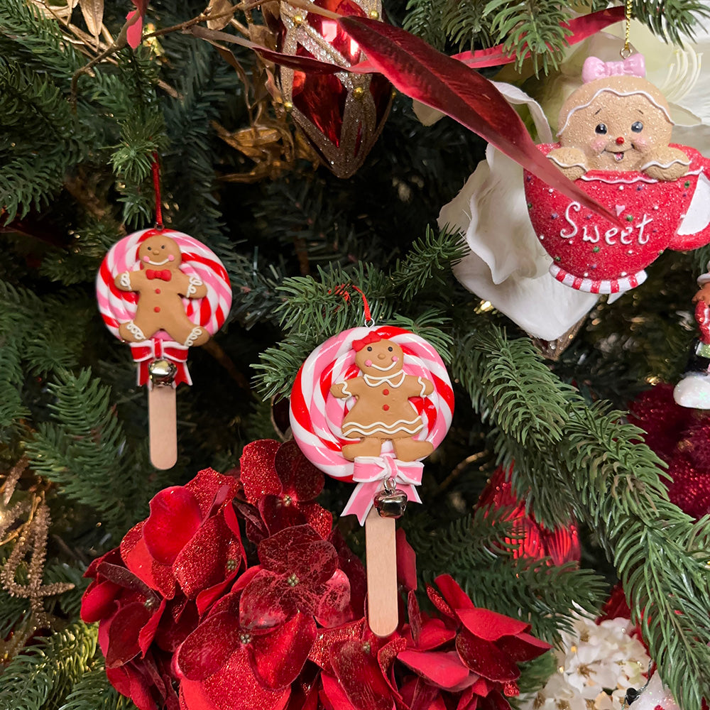 Viv! Christmas Ornament - Gingerbread Lollipops - set of 2 - pink red brown - 14cm