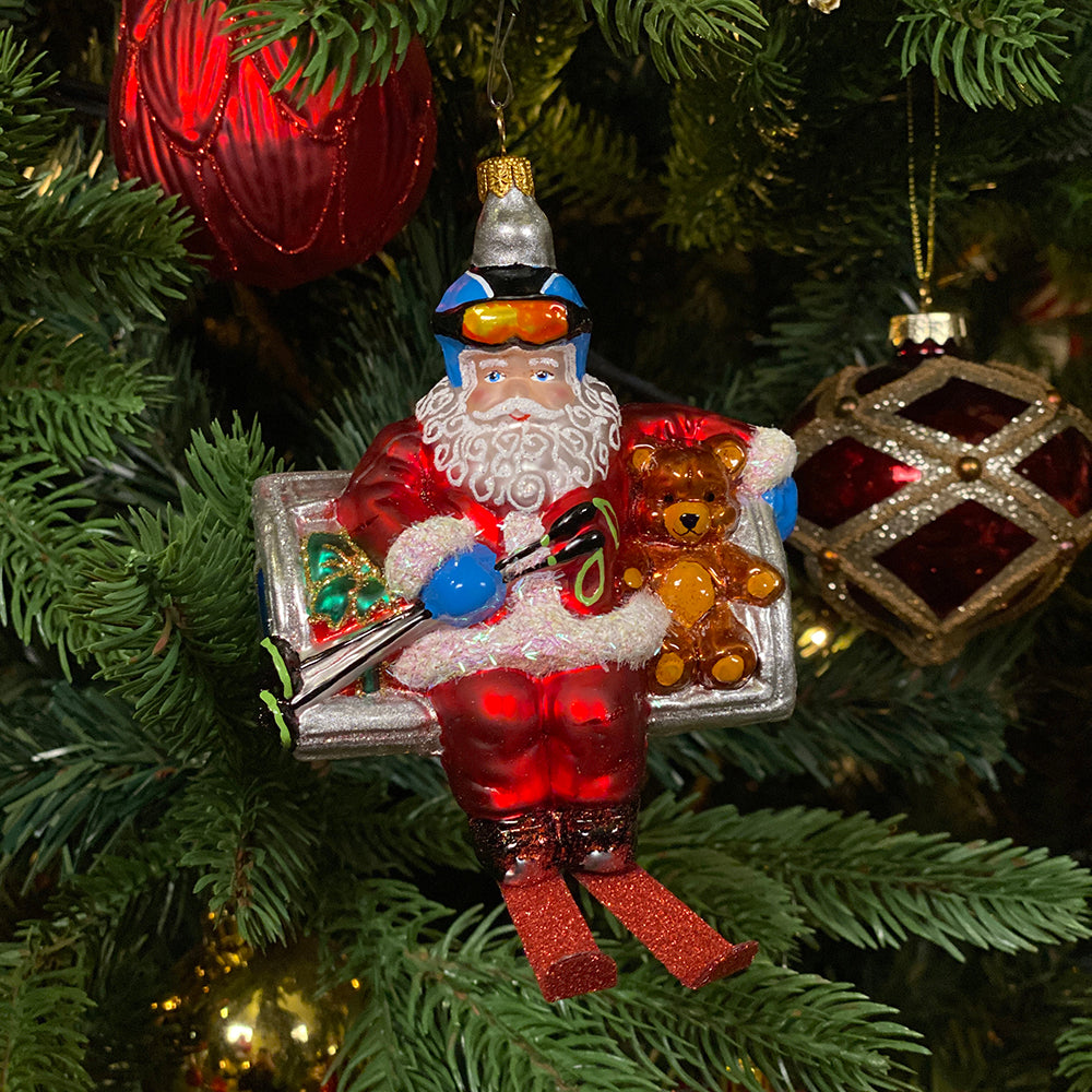 Viv! Christmas Kerstornament - Kerstman Skilift - mond geblazen glas - rood blauw - 10cm