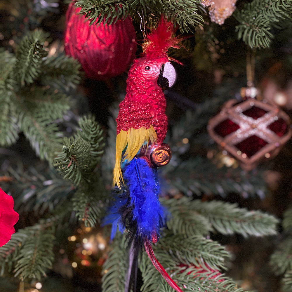 Viv! Christmas Kerstornament - Papegaai Vogel - mond geblazen glas - rood geel blauw - 15cm