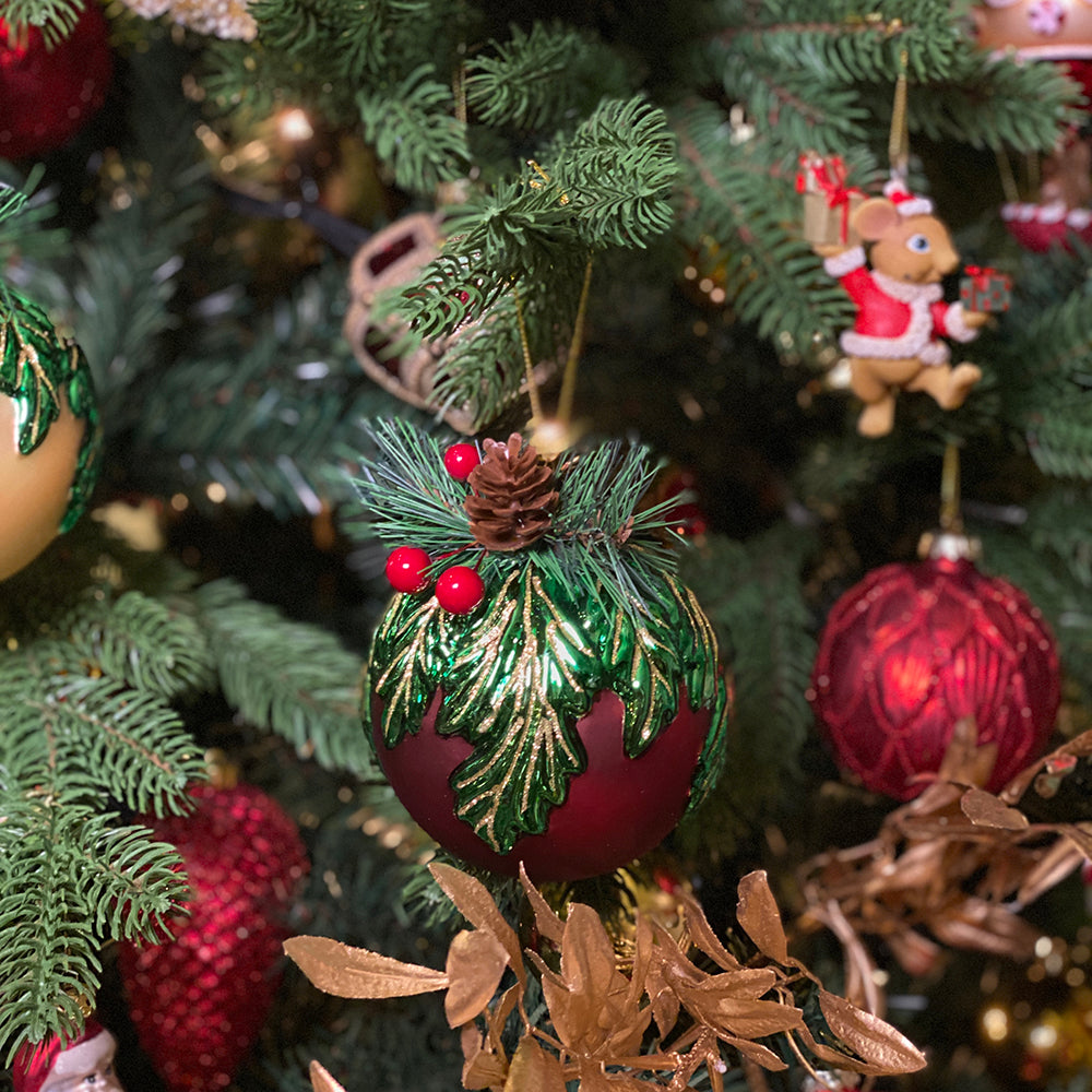 Viv! Christmas Kerstbal - Dennenappel en Dennentak - set van 2 - glas - rood groen - 10cm
