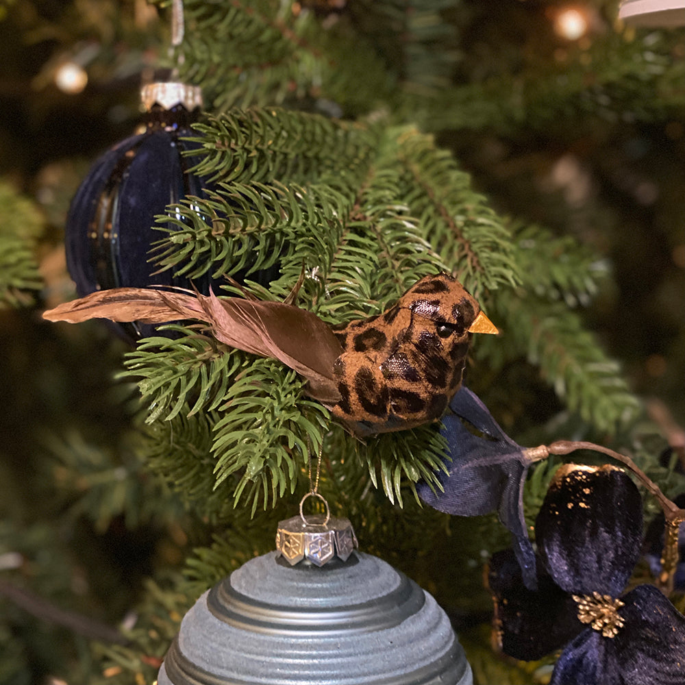 Viv! Christmas Kerstboomversiering - Vogeltjes Panterprint op Clip - set van 3 - bruin - 14cm