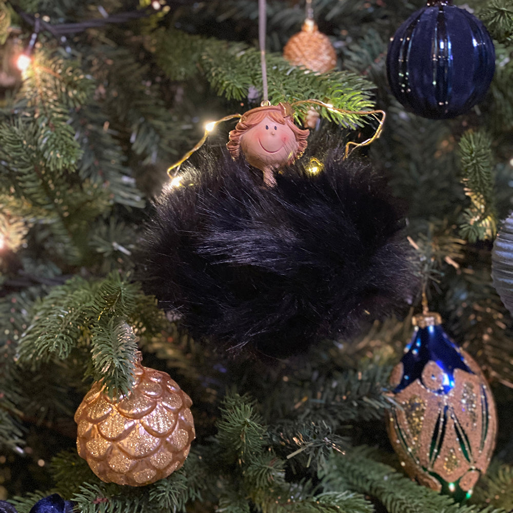 Viv! Christmas Kerstornament - Pluche Engel incl. LED Verlichting - zwart - 20cm
