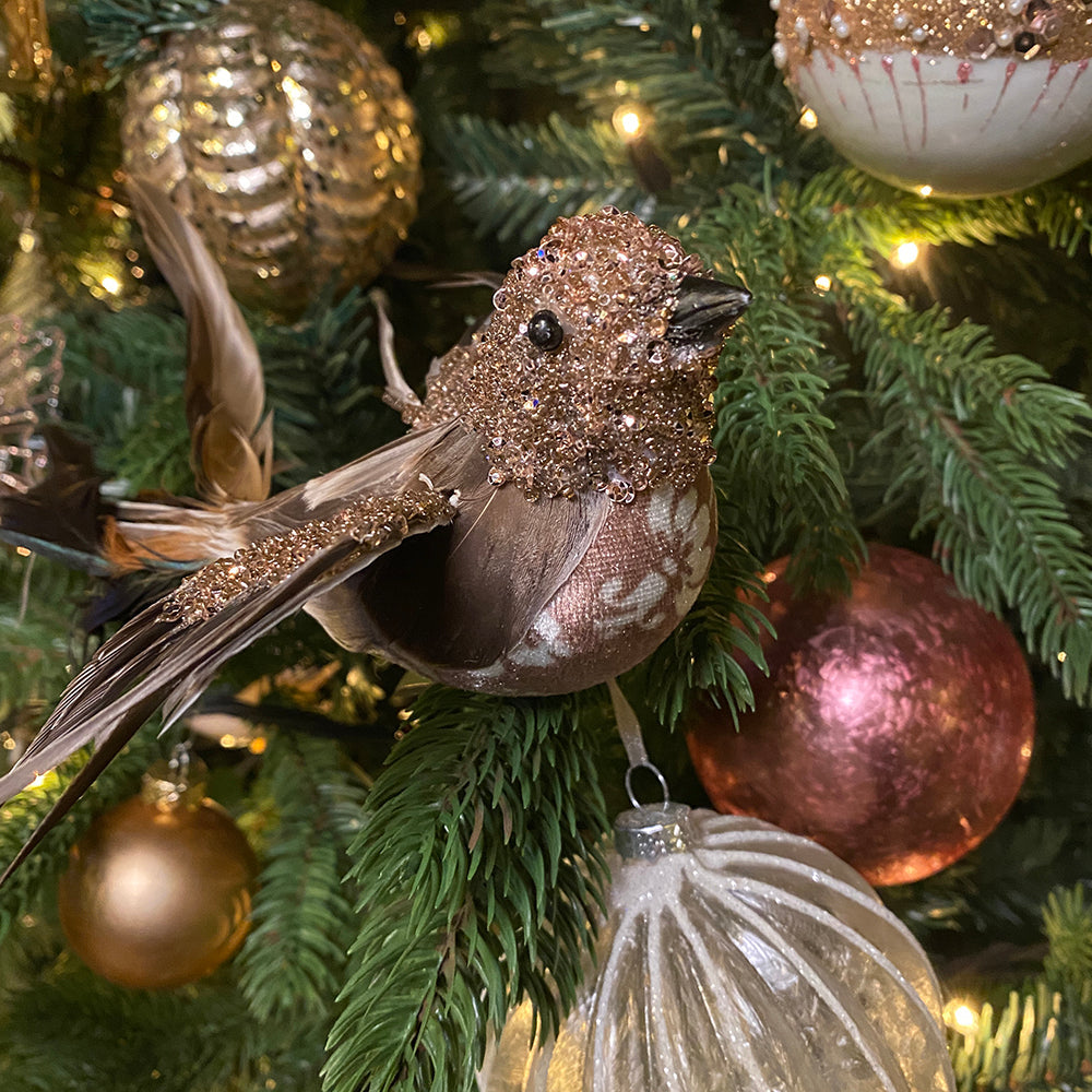 Viv! Christmas Kerstboomversiering - Vogel op Clip - bruin wit - 15cm