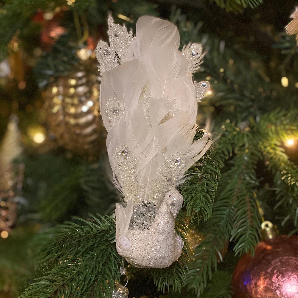 Viv! Christmas Kerstboomversiering - Vogel - Pauwen op Clip - set van 2 - wit koper - 19cm