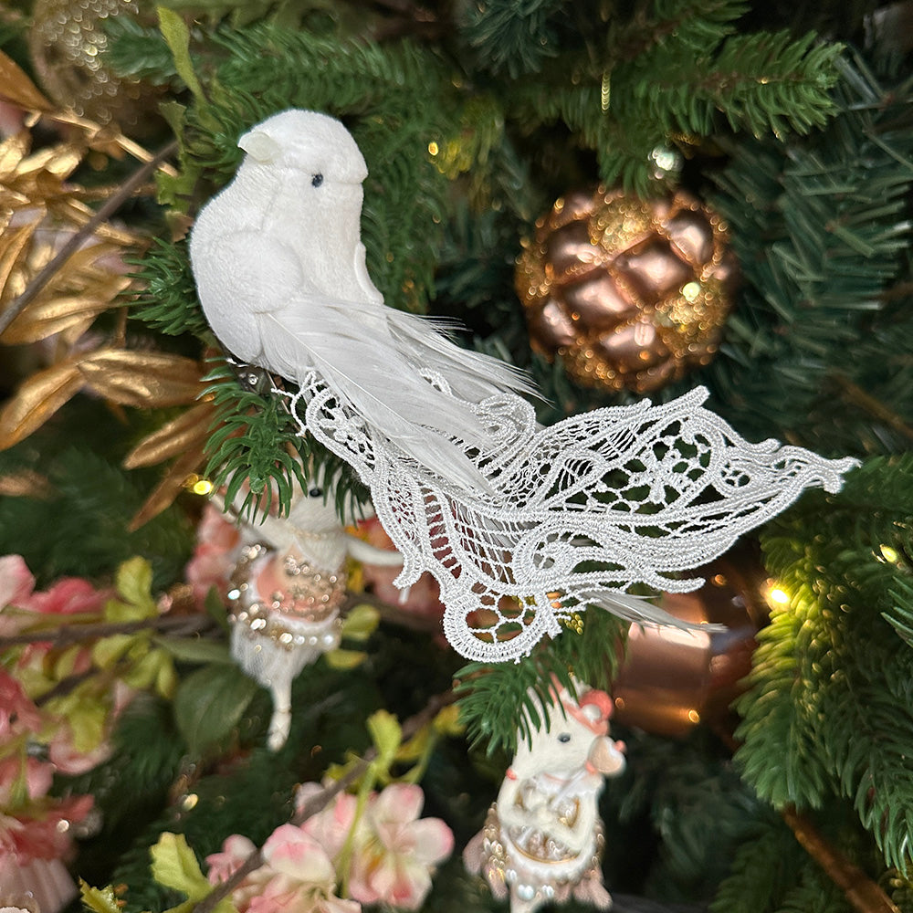 Viv! Christmas Kerstboomversiering - Vogeltjes Kant op Clip - set van 3 - wit - 18cm