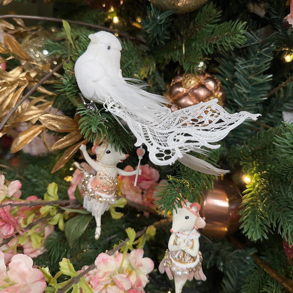 Viv! Christmas Tree Decoration - Lace Birds on Clip - set of 3 - white - 18cm