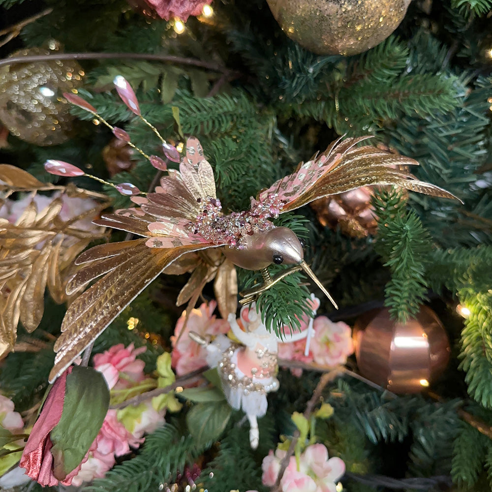 Viv! Christmas Kerstboomversiering - Vogel - Kolibrie op Clip - 2 stuks - roze goud - 20cm