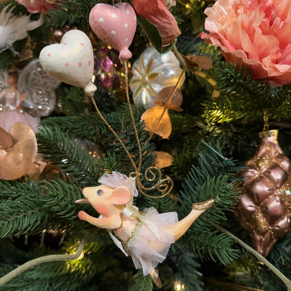 Viv! Christmas Kerstornament - Ballerina Muisjes met Ballonnen - set van 2 - roze wit - 18,5cm