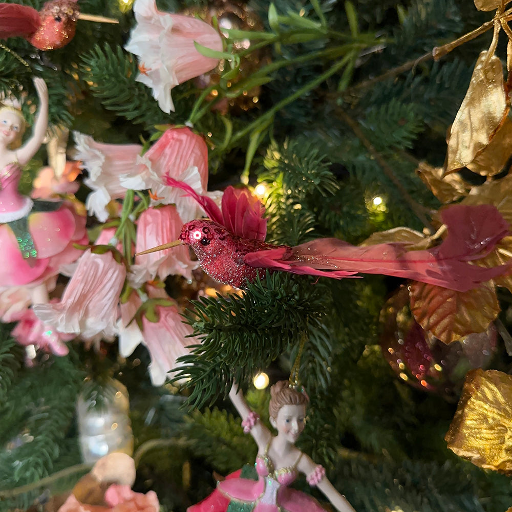 Viv! Christmas Kerstboomversiering - Vogel - Kolibrie op Clip - set van 2 - fuchsia oudroze - 17cm