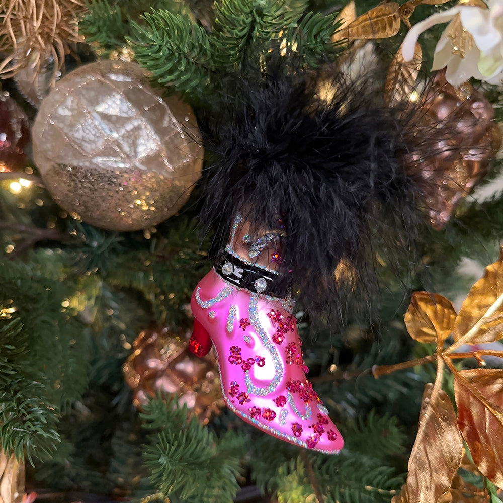 Viv! Christmas Kerstornament - Victoriaanse Laars met Imitatiebont - glas - roze zwart goud - 11cm