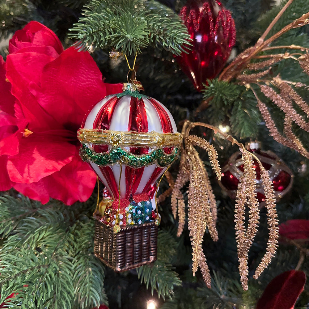 Kurt S. Adler Christmas Ornament - Hot Air Balloon with Santa Claus - glass - red white - 14cm