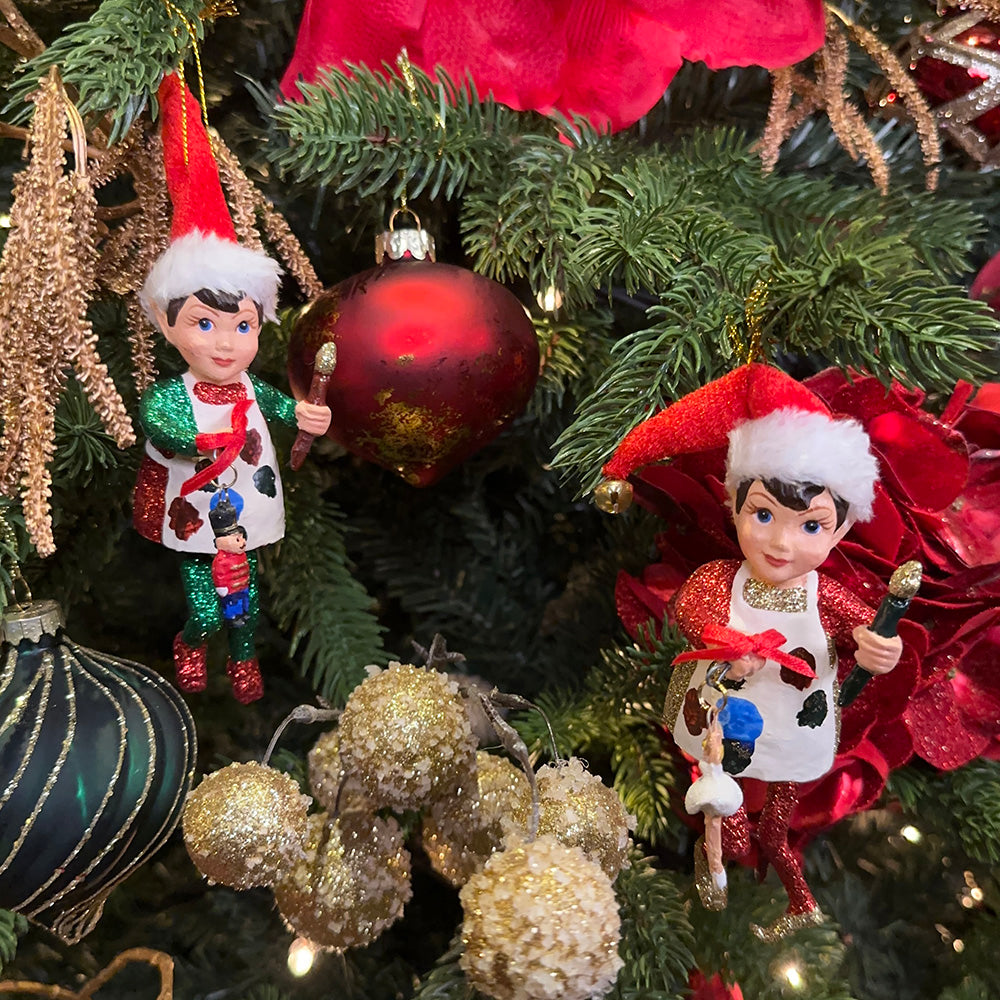 Viv! Christmas Kerstornament - Schilder Elfjes - set van 2 - rood groen wit - 16,5cm