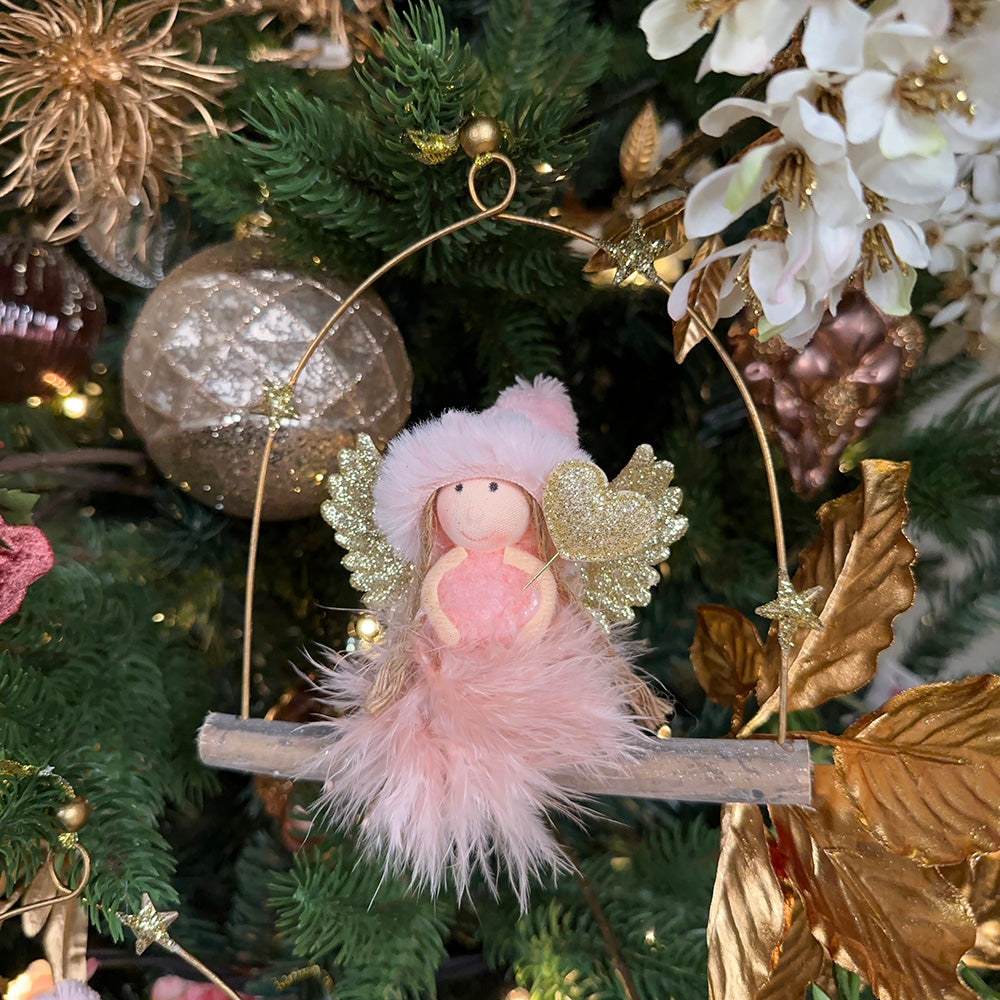 Viv! Christmas Kerstornament - Engeltjes van Stof op Schommel - 2 stuks - roze goud  - 18cm