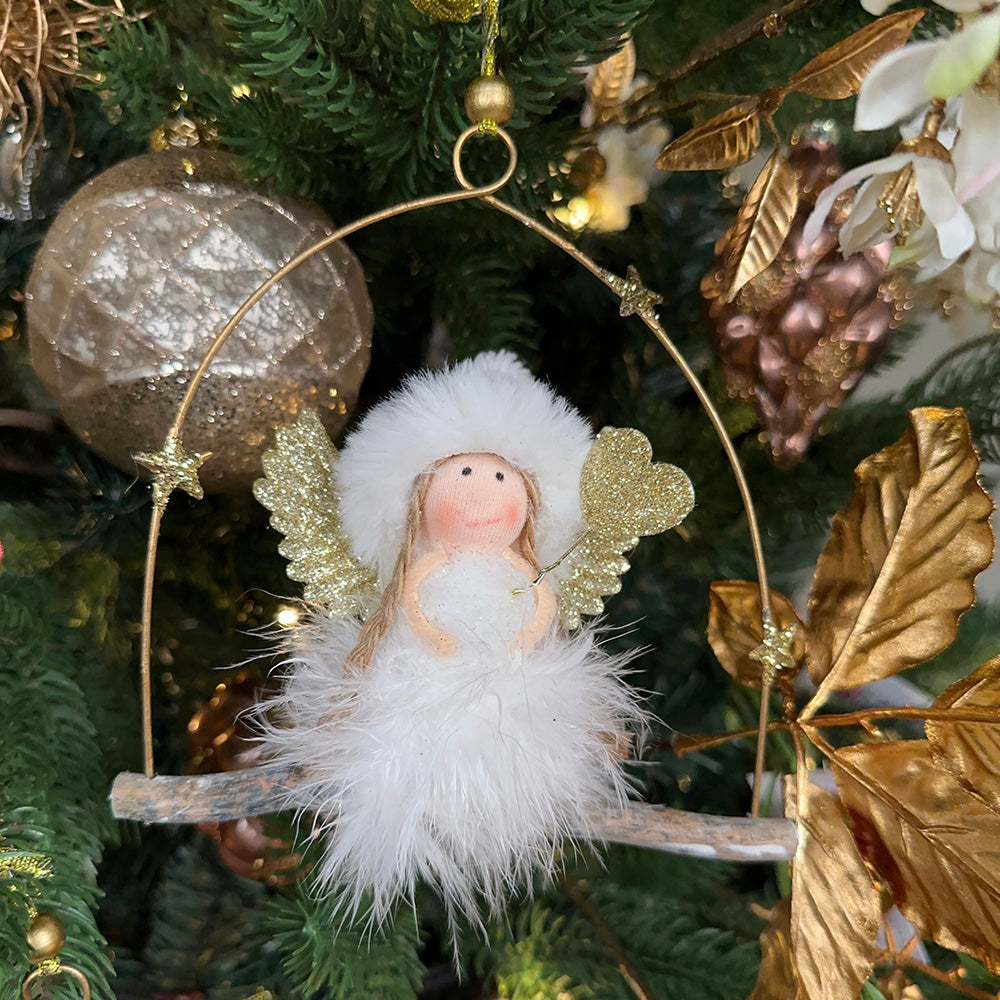 Viv! Christmas Kerstornament - Engeltjes van Stof op Schommel - 2 stuks - wit goud  - 18cm