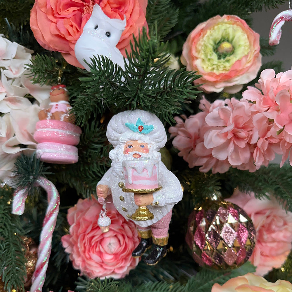 Viv! Christmas Kerstornament - Chef Kerstman met Taart - set van 2 - roze wit - 14,5cm