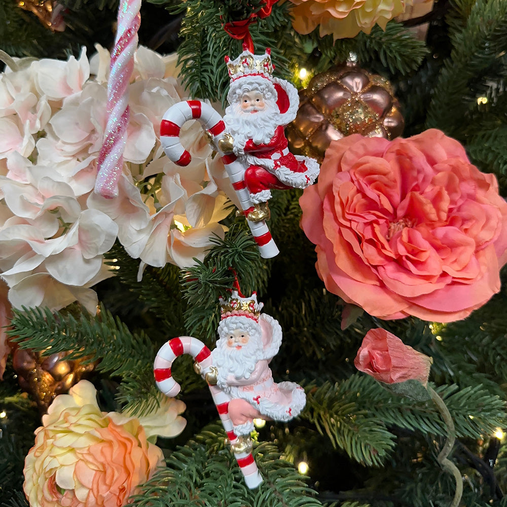Viv! Christmas Kerstornament - Kerstman op Zuurstok - set van 2 - rood roze wit - 10cm