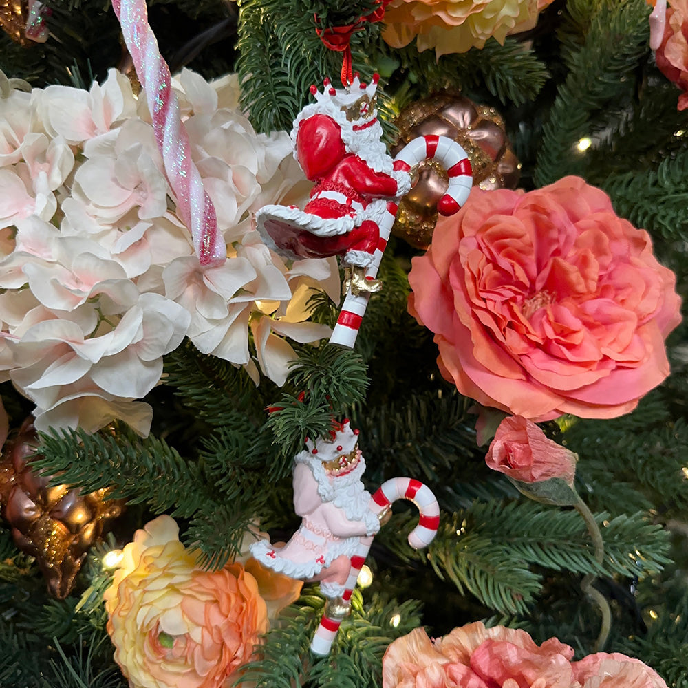 Viv! Christmas Kerstornament - Kerstman op Zuurstok - set van 2 - rood roze wit - 10cm