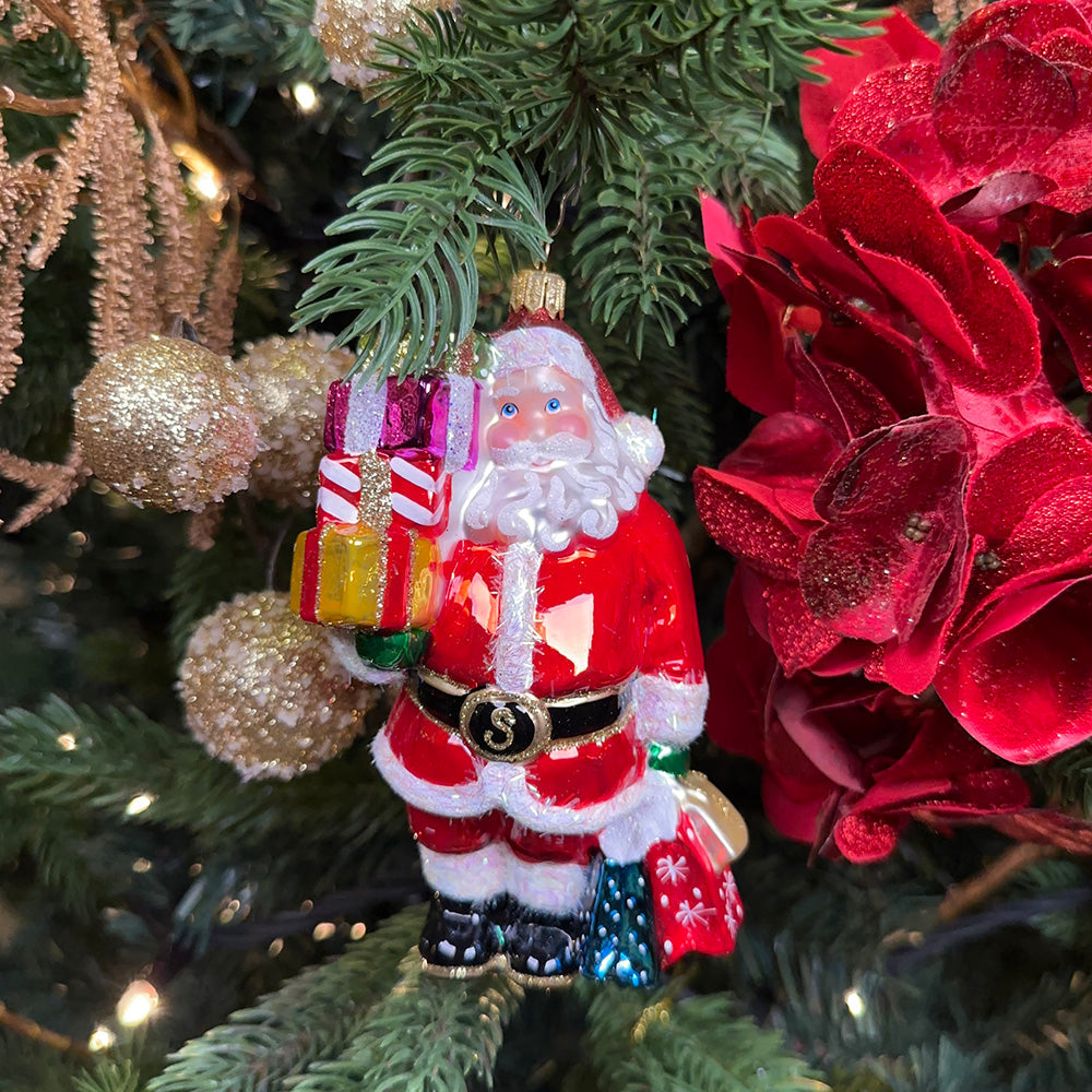 Viv! Christmas Kerstornament - Shopping Kerstman - mond geblazen glas - rood - 13cm