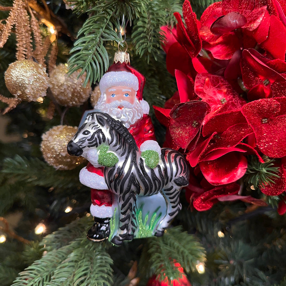 Viv! Christmas Kerstornament - Kerstman met Zebra - mond geblazen glas - rood wit zwart - 13cm