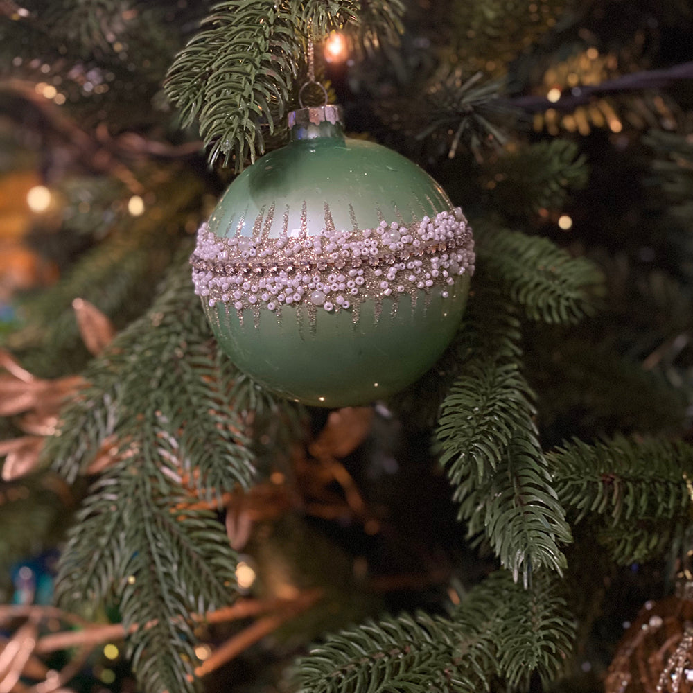 Viv! Christmas Kerstbal - Glitterrand Kraaltjes - set van 2 - glas - groen goud wit - 10cm