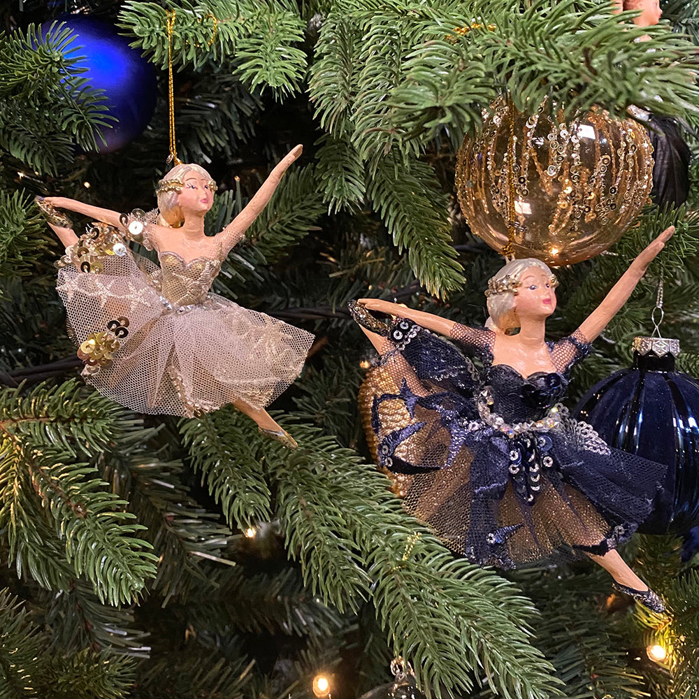 Viv! Christmas Kerstornament - Ballerina's Tule Rok met Sterren - set van 2 - blauw goud - 15cm