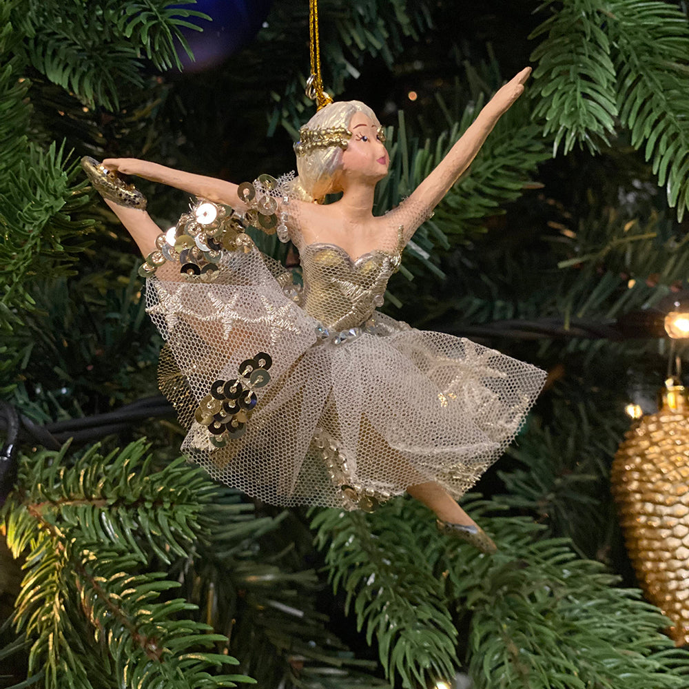 Viv! Christmas Kerstornament - Ballerina's Tule Rok met Sterren - set van 2 - blauw goud - 15cm