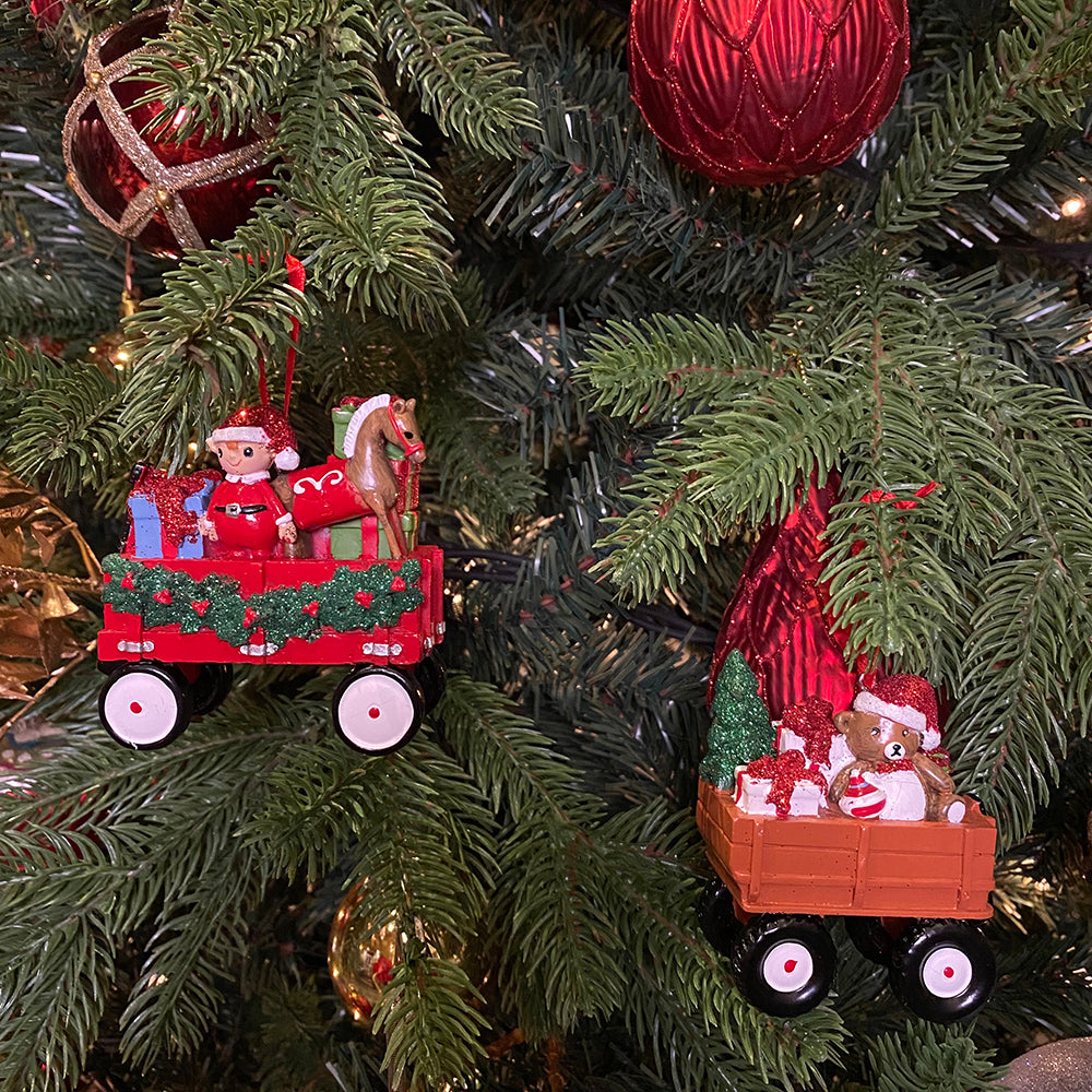 Kurt S. Adler Christmas Ornament - Wagon Gifts - set of 2 - red and brown - 9cm