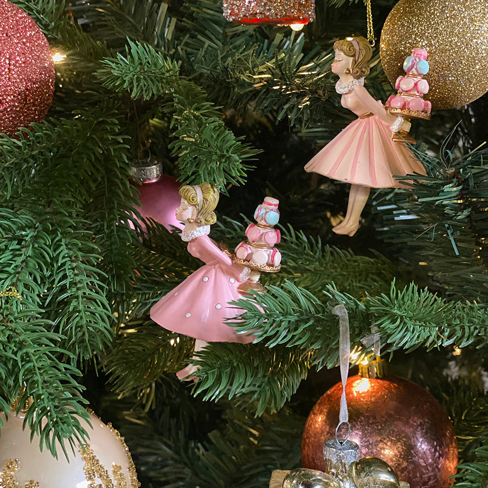 Viv! Christmas Kerstornament - Meisjes met Macaron Kus - set van 2 - roze - 9cm