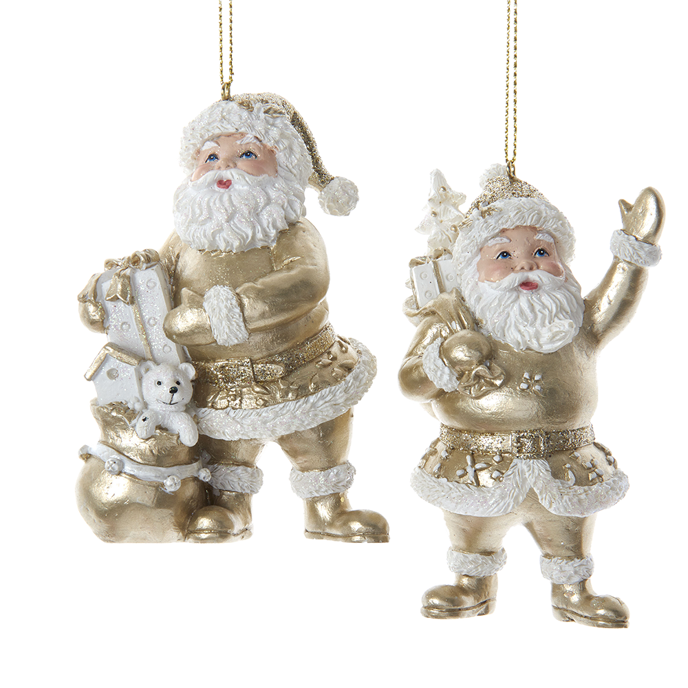 Kurt S. Adler Christmas Ornament - Santa Claus with Presents - set of 2 - gold white - 10cm