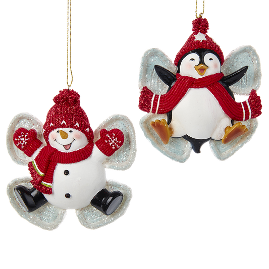 Kurt S. Adler Kerstornament - Winter Sneeuwpop en Pinguin - set van 2 - rood wit - 10cm