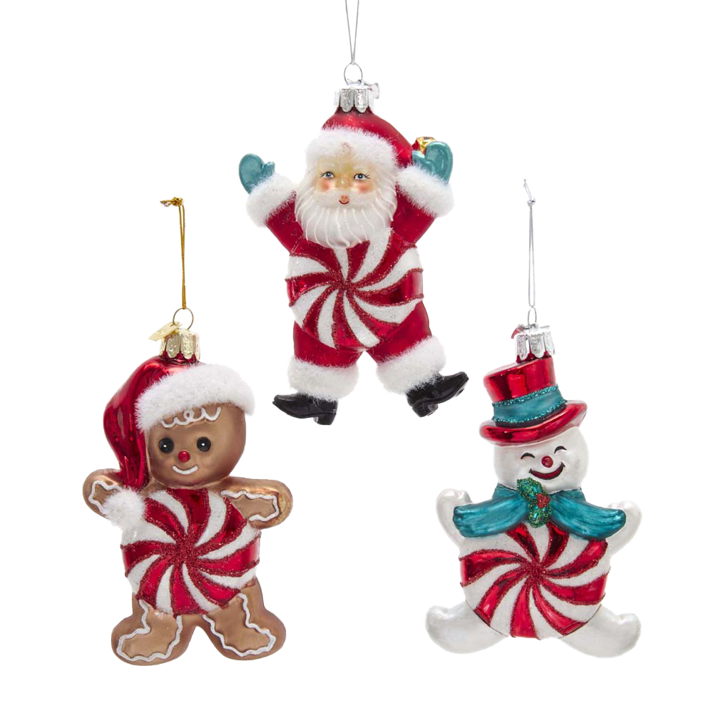 Kurt S. Adler Kerstornament - Gingerbread, Kerstman, Sneeuwpop Snoep - set van 3 - glas - rood wit - 8cm