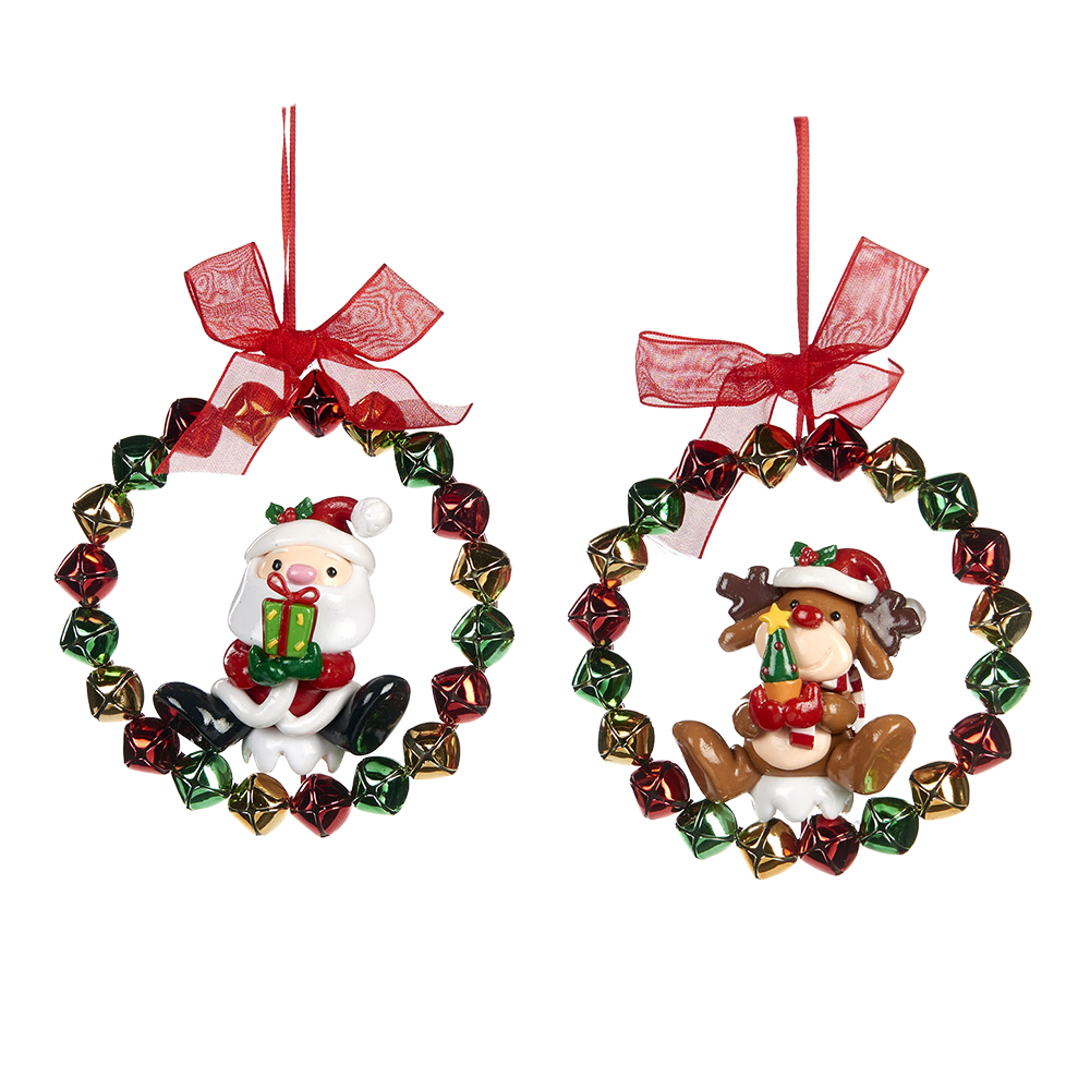 Viv! Christmas Kerstornament - Ring van Belletjes met Kerstman / Rendier  - set van 2 - goud rood groen - 10cm