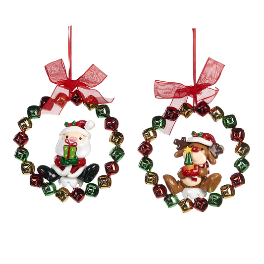 Viv! Christmas Ornament - Ring of Bells with Santa Claus / Reindeer - set of 2 - gold red green - 10cm