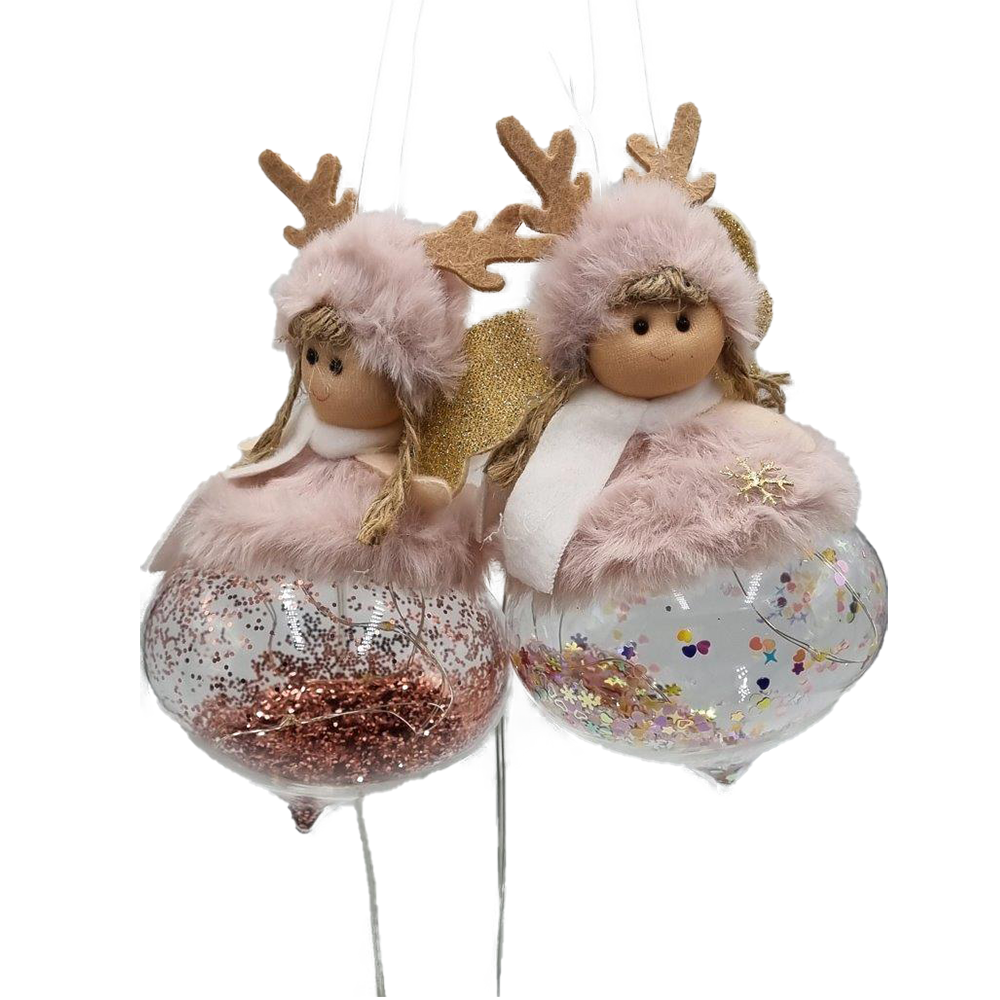 Viv! Christmas Kerstornament - Pluche Engel op Kerstbal incl. LED Verlichting - set van 2 - roze - 17cm