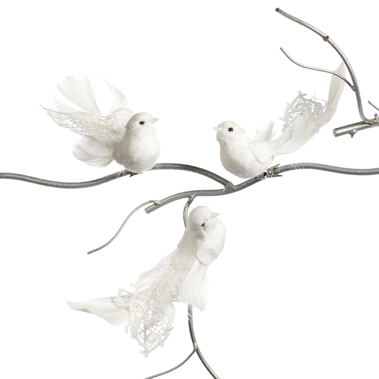 Viv! Christmas Tree Decoration - Lace Birds on Clip - set of 3 - white - 18cm