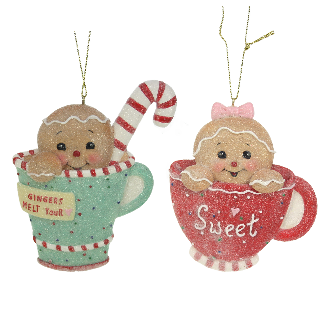 Viv! Christmas Kerstornament - Gingerbread Kindjes in Mok - set van 2 - blauw rood - 10cm