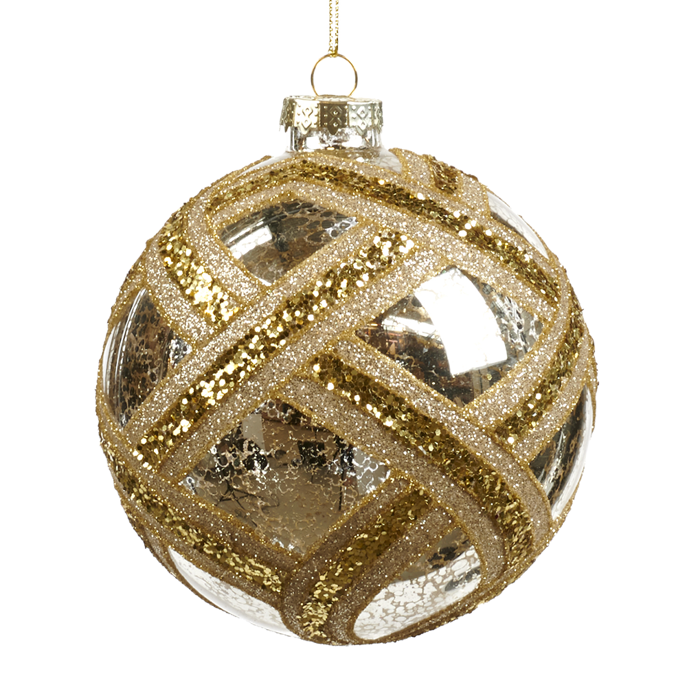 Viv! Christmas Kerstbal - Glitter Patroon - glas - goud - 10cm