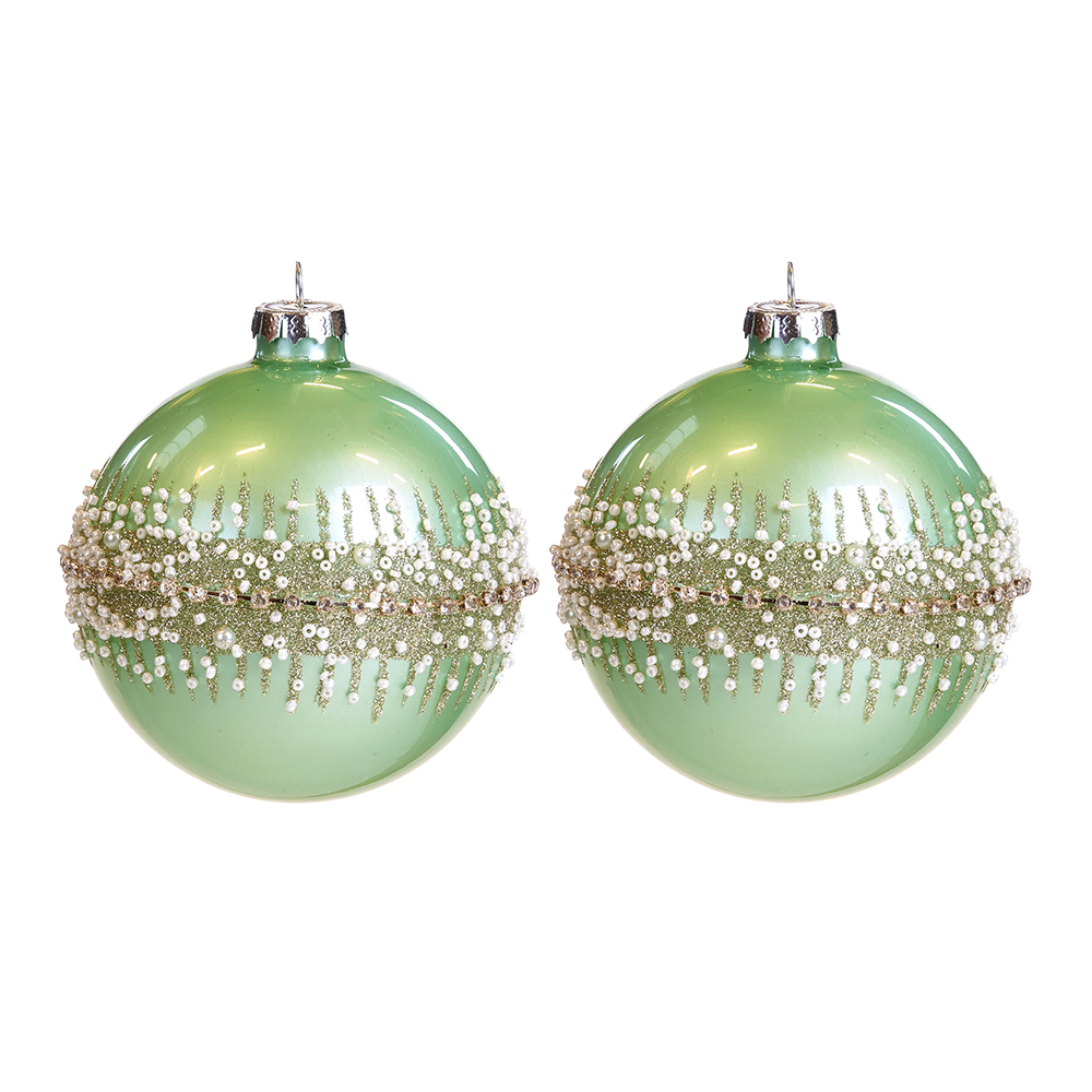 Viv! Christmas Kerstbal - Glitterrand Kraaltjes - set van 2 - glas - groen goud wit - 10cm