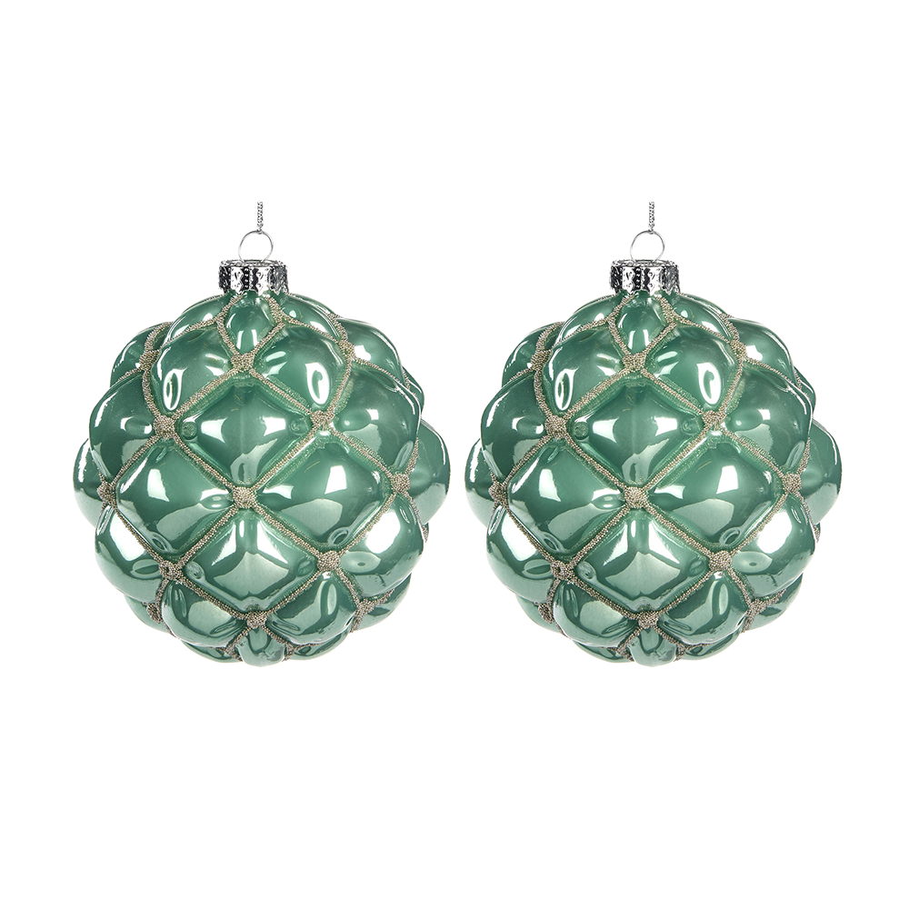 Viv! Christmas Bauble - Silver Beads - set of 2 - glass - turquoise silver - 10cm