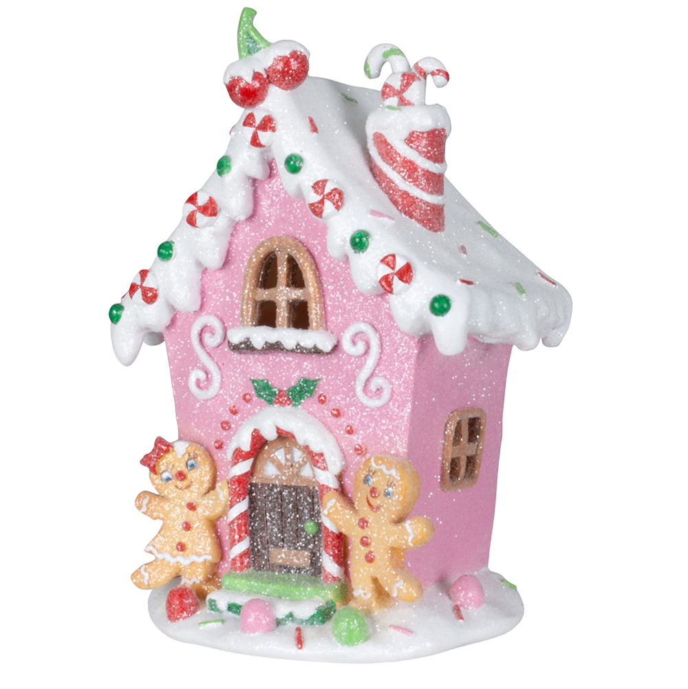 Viv! Christmas Kerstbeeld - Gingerbread Huis incl. LED Verlichting - roze wit - 20cm