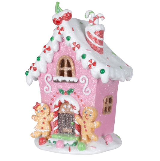 Viv! Christmas Kerstbeeld - Gingerbread Huis incl. LED Verlichting - roze wit - 20cm