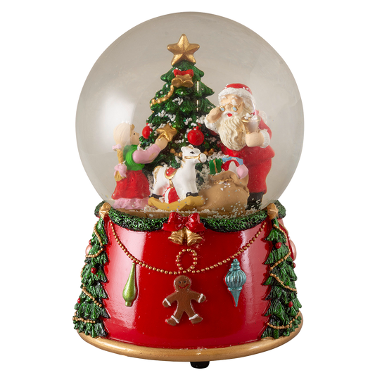 Viv! Christmas Snow Globe incl. Music Box - Santa with Decorated Christmas Tree - red green - 14cm